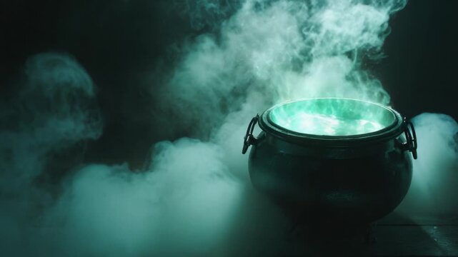 A Mysterious Cauldron Surrounded by Enigmatic Green Smoke, Perfectly Capturing the Essence of Magic and Alchemy in an Otherworldly Setting