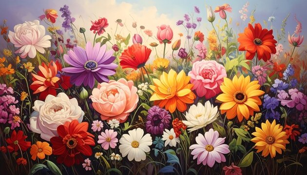 A vibrant array of flowers in various colors blooming in a field under a bright, dreamy sky - Powered by Adobe