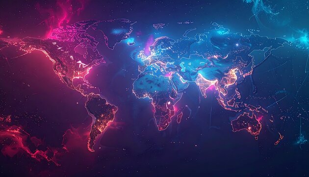 Abstract world map illuminated with vibrant blue and red hues against a dark background, resembling network connections