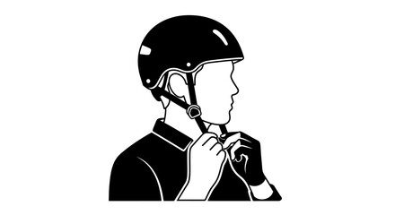 A simple black and white illustration of a cyclist fastening their helmet