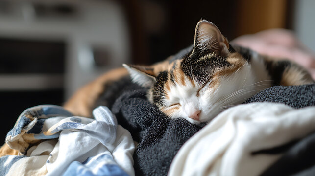 A tortoiseshell cat sleeps soundly on a pile of soft laundry. The cat's fur displays a mix of black, orange, and white, creating a cozy and inviting atmosphere, perfect for relaxation.