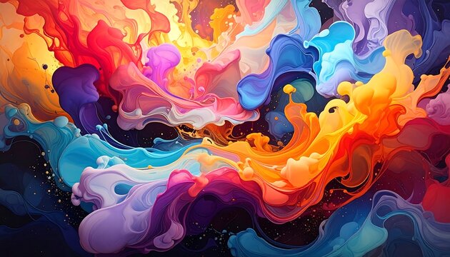 An abstract explosion of vibrant, swirling colors blending together in a dynamic, fluid, almost ethereal composition