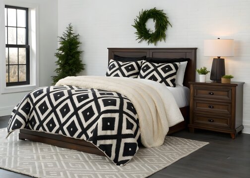 Cozy bedroom with a festive christmas tree and wreath, featuring a dark wood bed frame and a geometric black and white comforter - Powered by Adobe