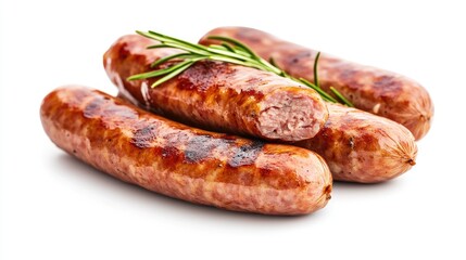 Delicious grilled sausages with herbs ready to elevate your meal, isolated against a clean white background for fresh food presentation
