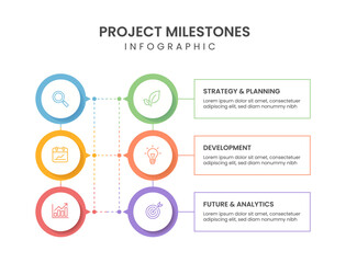 Business process infographic showing workflow, progress, planning, development, and performance milestones. Ideal for management, strategic operations, and corporate presentation visuals.