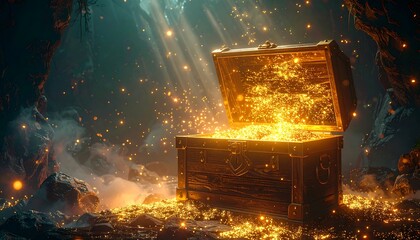 An open treasure chest overflows with gold in a dark, mysterious cavern illuminated by ethereal light rays