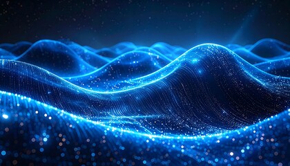 Abstract blue waves shimmer with digital particles over a starry background