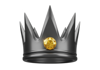 Dark metallic crown with a yellow gem isolated on transparent background