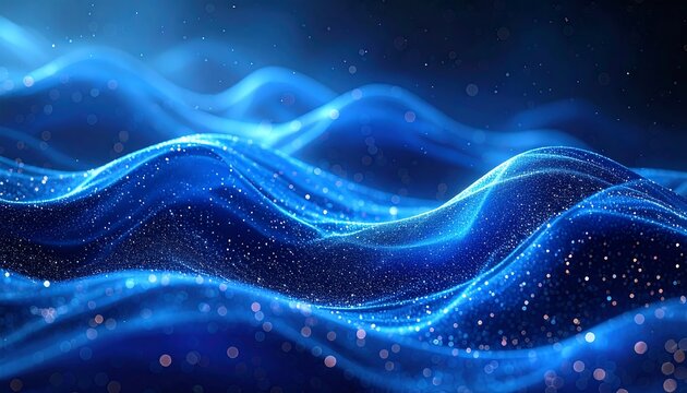 Abstract blue waves glimmer with gold flecks, creating a dreamy, fluid, and organic-like textured pattern