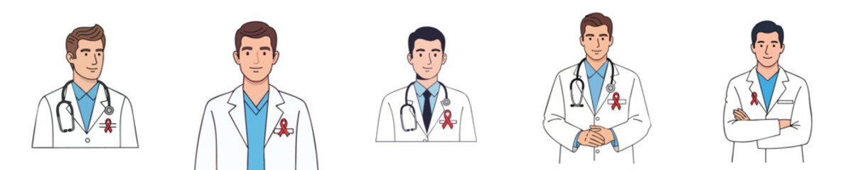 Medical Awareness Vector of Doctor Wearing Red Ribbon Symbol for AIDS and HIV Prevention in Flat Design Illustration