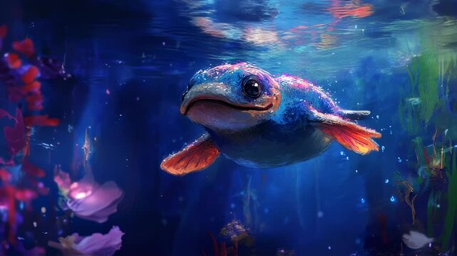 Captivating underwater adventure with an adorable fantasy turtle swimming gracefully through a