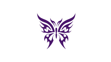 Fototapeta premium A stylized butterfly silhouette in dark purple, centered on a white background. The wings have decorative shapes