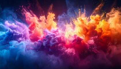 Fototapeta premium Abstract explosion of vibrant hues, blending blue, purple, orange, and red in a captivating cloud-like formation