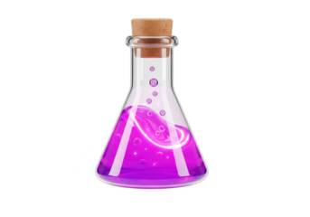 Purple liquid in a laboratory flask isolated on transparent background