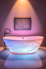 a truly futuristic and artistic bathroom setup, centered around a luminous, color-changing free-standing bathtub. The tub itself is a sculptural masterpiece, illuminated from within and cycling