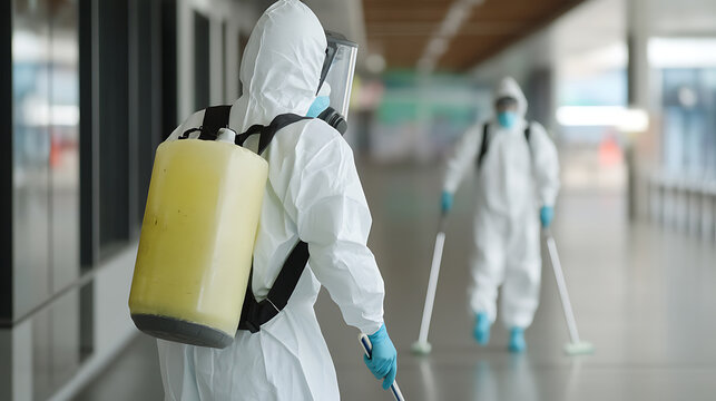 Team in protective suits disinfects public space to prevent the spread of disease. Safety measures in place to keep people safe during an outbreak. Sanitizing the area.