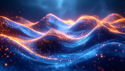 Abstract Glowing blue and orange waves with bokeh, creating a dreamy, ethereal, and digital art feel