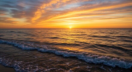 Obraz premium Sunset over the ocean with golden sky and gentle waves rolling onto the shore
