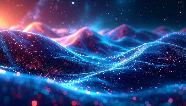 Abstract futuristic landscape with wavy glowing blue patterns and scattered red dots, with a warm glow above