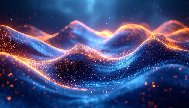 Abstract Glowing blue and orange waves with bokeh, creating a dreamy, ethereal, and digital art feel