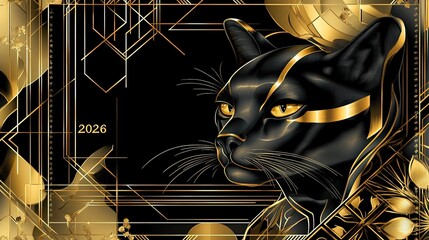 Black and gold cat portrait in luxury geometric style