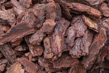 Natural pine bark mulch used for garden decoration and soil protection. Eco-friendly organic material ideal for landscaping and horticulture design projects.