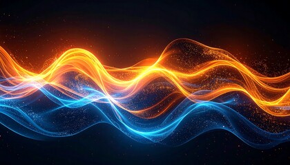 Abstract glowing waves of blue and orange light flow and sparkle against a dark background, a dynamic visual texture