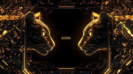 Two golden panthers futuristic 2026 metallic symmetry