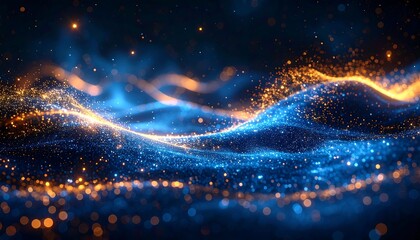 Abstract image of luminous blue and orange particles forming flowing waves on a dark background