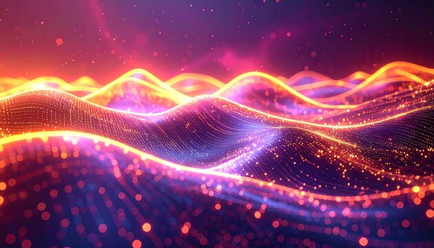 Abstract glowing waves of gold and purple light. Futuristic digital art