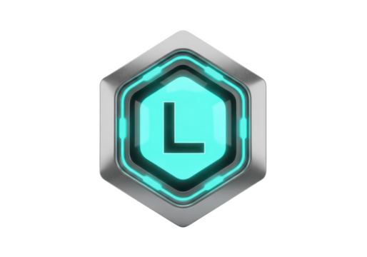Futuristic hexagon badge with letter l, isolated on transparent background - Powered by Adobe