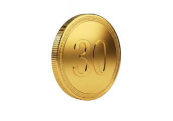 Golden coin with number 30 isolated on transparent background