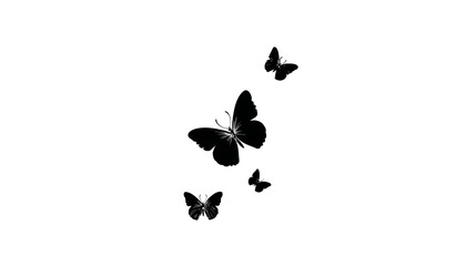 A minimalist illustration of four black butterflies of various sizes against a white background