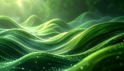 Abstract landscape of green, flowing, stylized waves under soft, filtered sunlight, creating a peaceful, organic feel