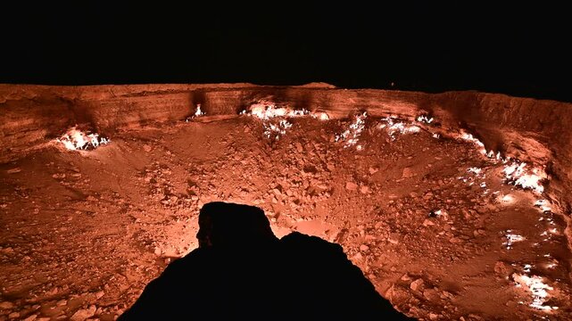 Wide angle view of Darvaza Gas Crater in Turkmenistan