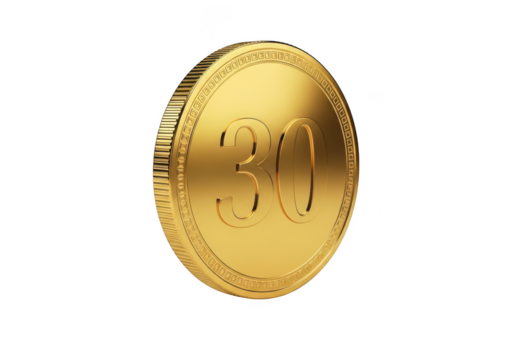 Golden coin with number 30 isolated on transparent background