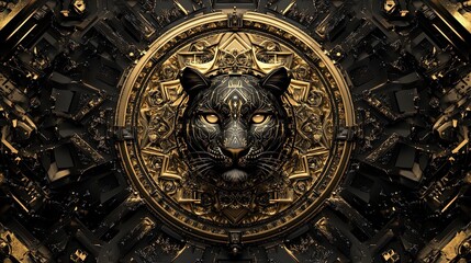 Golden lion relief in dark geometric futuristic background