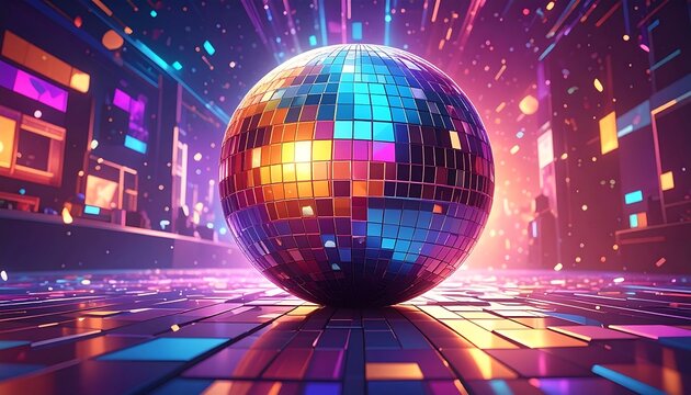 A shimmering disco ball resting on a reflective, tiled surface, with neon city lights in the background