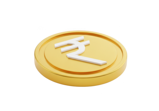 Golden indian rupee coin isolated on transparent background