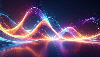 Abstract luminous lines in blue, orange, and purple with subtle sparkles against a dark backdrop