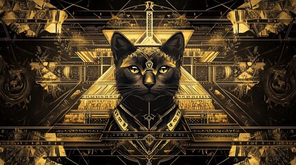 Black cat in golden Egyptian luxury temple composition