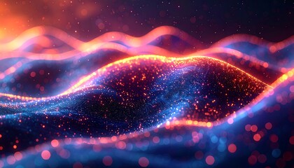 Abstract shimmering waves of blue and orange light, with sparkling bokeh and depth of field creating a dreamy feel