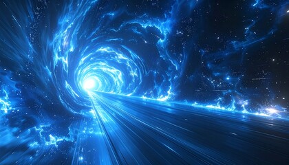 Abstract tunnel of bright blue light streaks swirling through a cosmic scene with star-like points of light