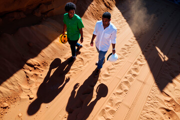 Two Black men walking side by side on sandy construction site, each holding safety helmet, casting long shadows on ground, appearing engaged in conversation, both young adults