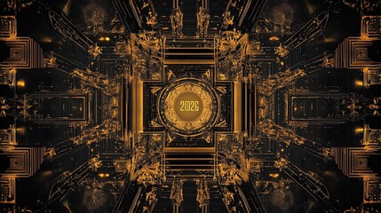 Golden abstract futuristic tunnel with metallic reflections