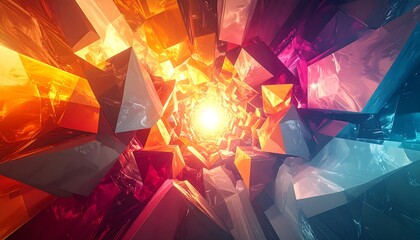 Abstract tunnel of geometric shapes transitioning from vibrant orange/yellow to cool blue/purple, radiating light