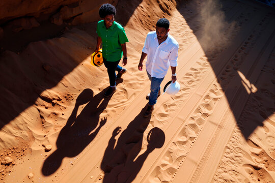Two Black men walking side by side on sandy construction site, each holding safety helmet, casting long shadows on ground, appearing engaged in conversation, both young adults