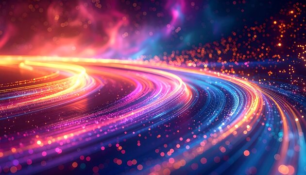 Abstract vibrant curves of light cascade like ribbons, swirled in cosmic hues of pink, blue, orange, and sparkling particles