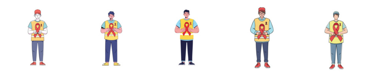 Young Volunteers Holding Red Ribbon for HIV and AIDS Awareness, World AIDS Day Concept, Flat Vector Illustration