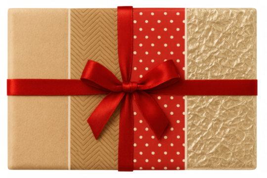 Gift box wrapped with red ribbon bow and patterned papers, creating a festive holiday celebration surprise - Powered by Adobe